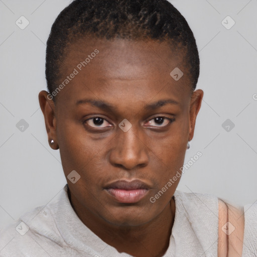 Neutral black young-adult female with short  brown hair and brown eyes