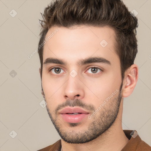 Neutral white young-adult male with short  brown hair and brown eyes