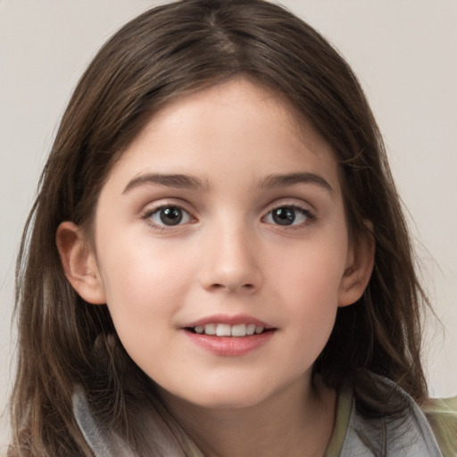 Joyful white child female with medium  brown hair and brown eyes