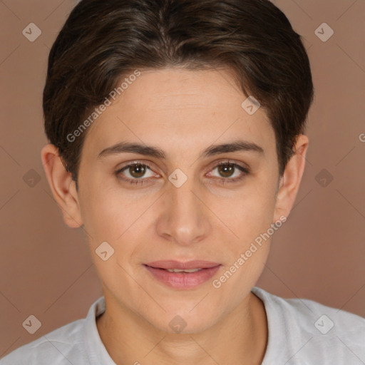 Joyful white young-adult female with short  brown hair and brown eyes