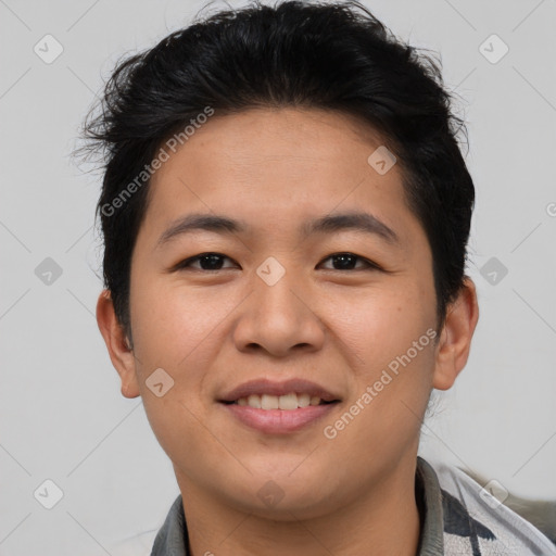 Joyful asian young-adult male with short  brown hair and brown eyes