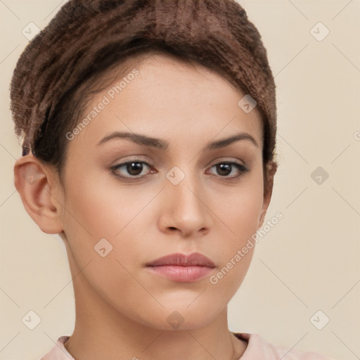 Neutral white young-adult female with short  brown hair and brown eyes