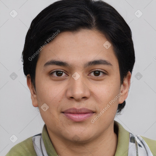 Joyful asian young-adult male with short  black hair and brown eyes