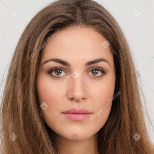 Neutral white young-adult female with long  brown hair and brown eyes