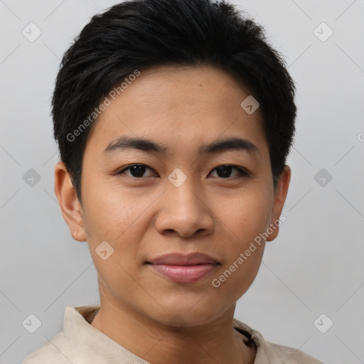 Joyful asian young-adult female with short  brown hair and brown eyes