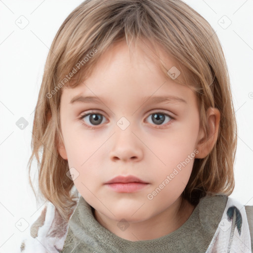 Neutral white child female with medium  brown hair and blue eyes