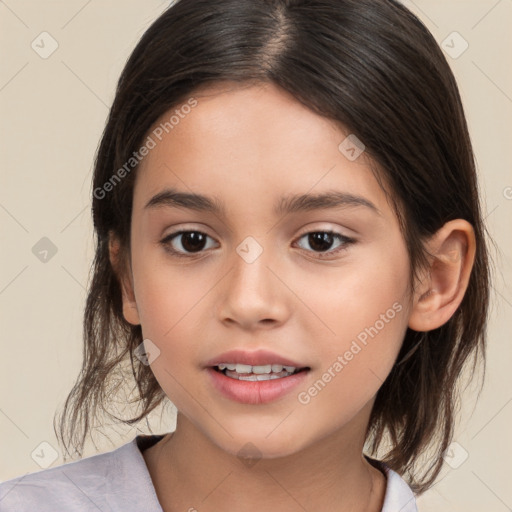 Joyful white child female with medium  brown hair and brown eyes