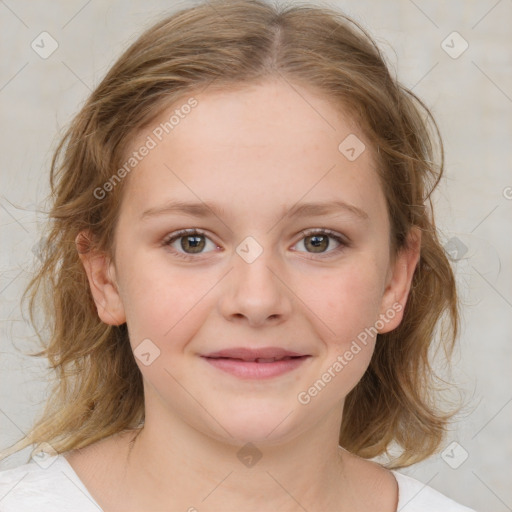 Joyful white child female with medium  brown hair and brown eyes