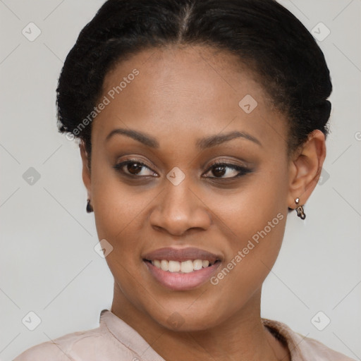 Joyful latino young-adult female with short  brown hair and brown eyes