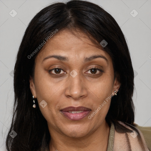 Joyful asian adult female with medium  brown hair and brown eyes