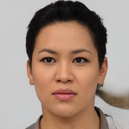 Neutral asian young-adult female with short  black hair and brown eyes