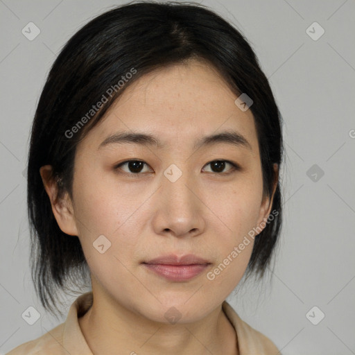 Neutral asian young-adult female with medium  brown hair and brown eyes