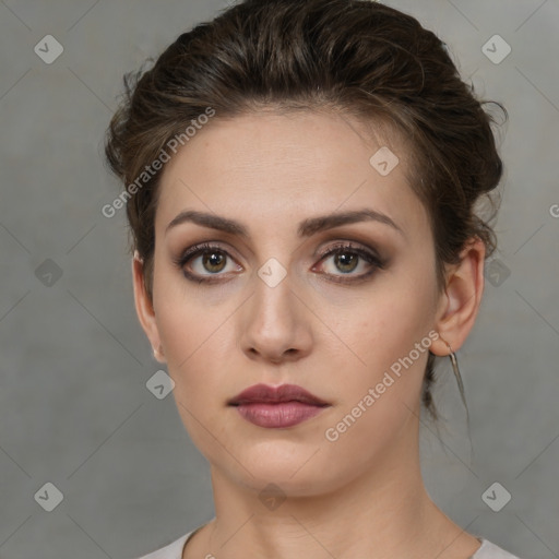 Neutral white young-adult female with short  brown hair and brown eyes