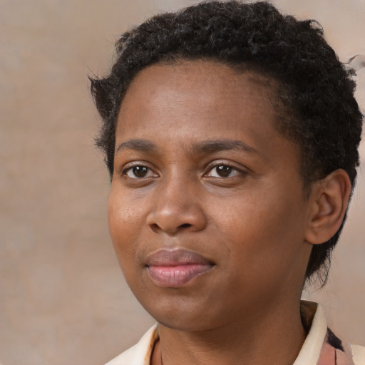 Neutral black young-adult female with short  brown hair and brown eyes