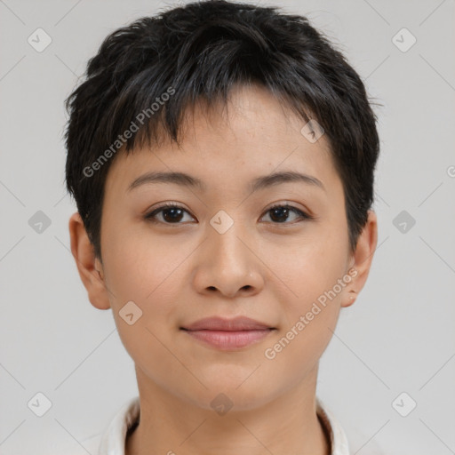 Joyful asian young-adult female with short  brown hair and brown eyes