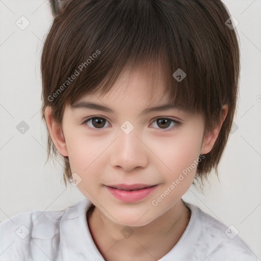 Joyful white child female with medium  brown hair and brown eyes