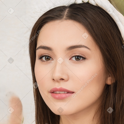 Neutral white young-adult female with long  brown hair and brown eyes