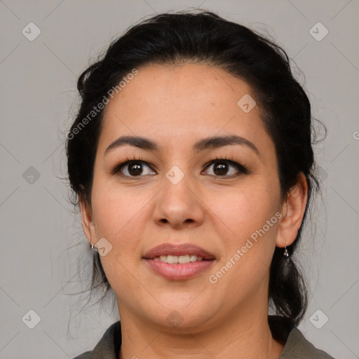 Joyful asian young-adult female with medium  black hair and brown eyes