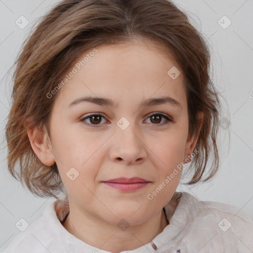 Joyful white child female with medium  brown hair and brown eyes