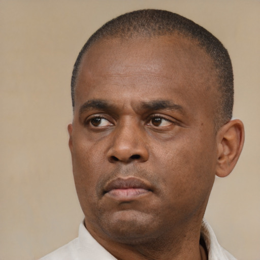 Neutral black adult male with short  brown hair and brown eyes