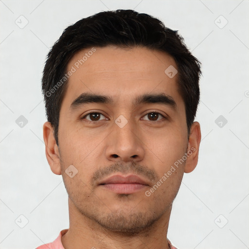 Neutral latino young-adult male with short  black hair and brown eyes