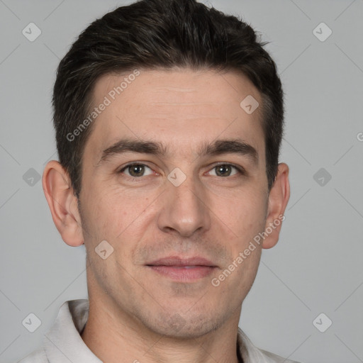 Joyful white young-adult male with short  brown hair and brown eyes