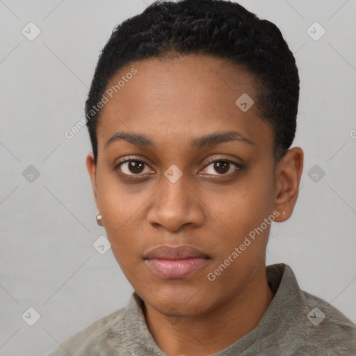 Neutral black young-adult female with short  black hair and brown eyes