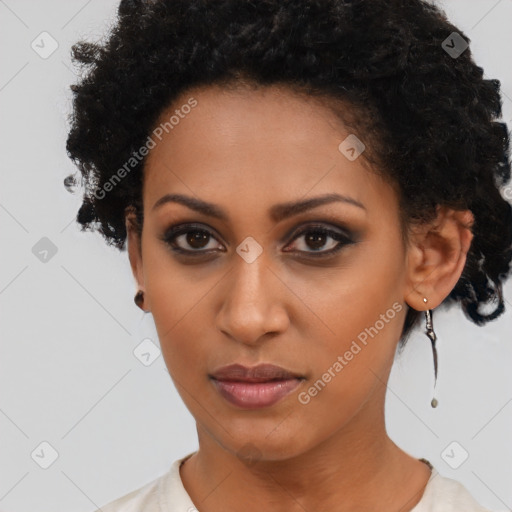 Neutral black young-adult female with short  brown hair and brown eyes