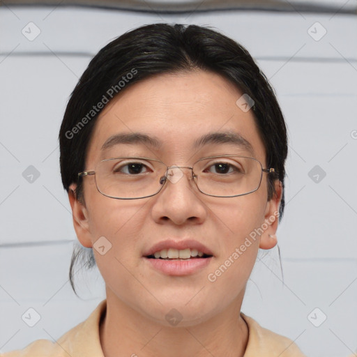 Joyful asian young-adult female with short  brown hair and brown eyes