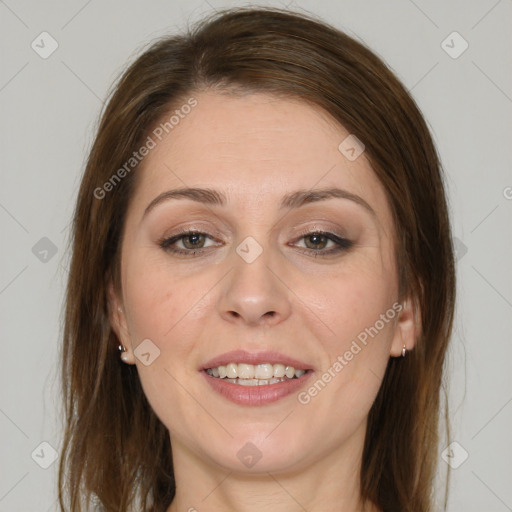 Joyful white young-adult female with long  brown hair and grey eyes