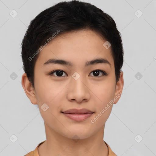 Joyful asian young-adult female with short  brown hair and brown eyes