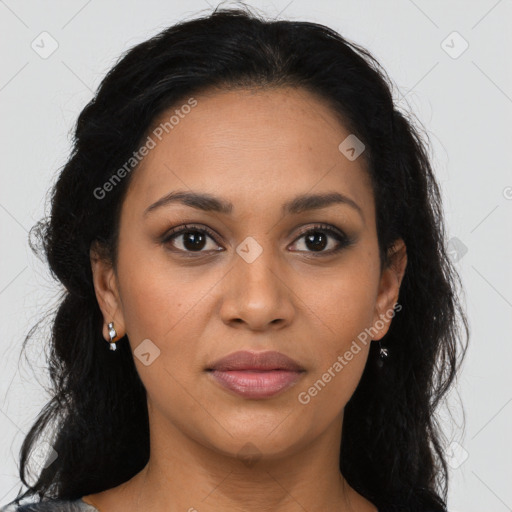 Joyful latino young-adult female with long  brown hair and brown eyes