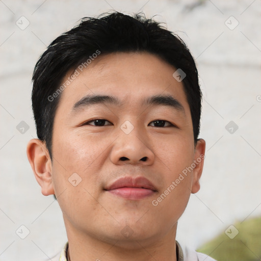 Neutral asian young-adult male with short  black hair and brown eyes