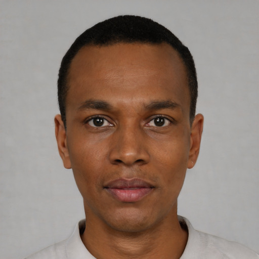 Neutral black young-adult male with short  black hair and brown eyes