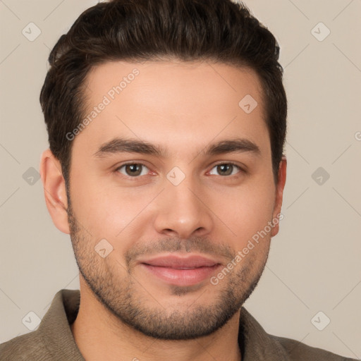 Joyful white young-adult male with short  brown hair and brown eyes