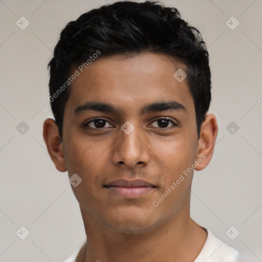 Neutral latino young-adult male with short  black hair and brown eyes