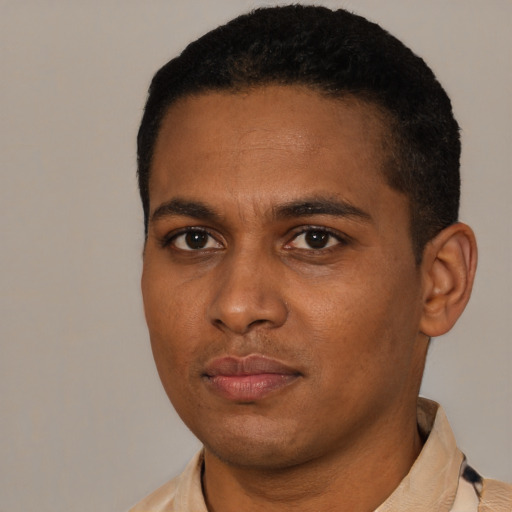 Neutral latino young-adult male with short  black hair and brown eyes