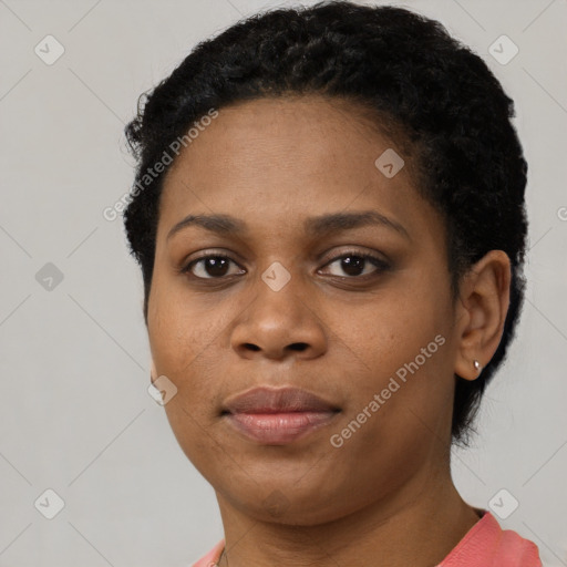 Neutral black young-adult female with short  black hair and brown eyes