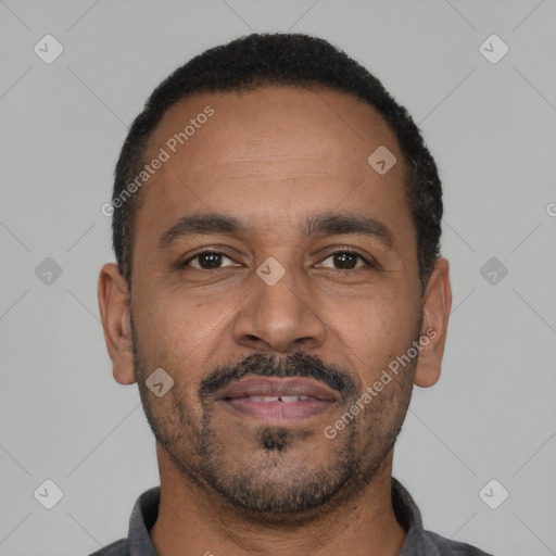 Neutral latino adult male with short  black hair and brown eyes