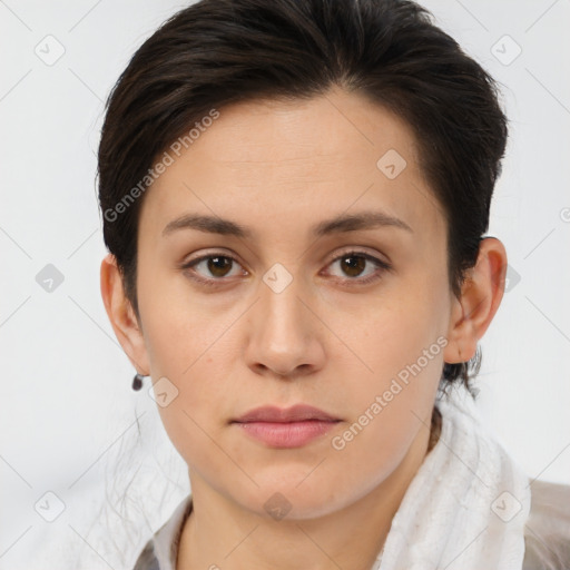 Neutral white young-adult female with medium  brown hair and brown eyes