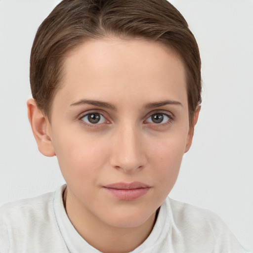 Neutral white young-adult female with short  brown hair and brown eyes