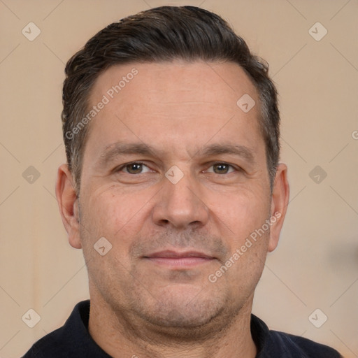 Neutral white adult male with short  brown hair and brown eyes