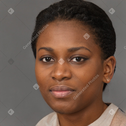 Neutral black young-adult female with short  black hair and brown eyes