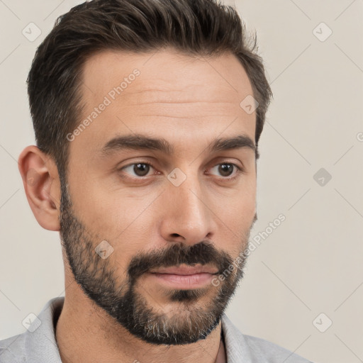 Neutral white young-adult male with short  brown hair and brown eyes