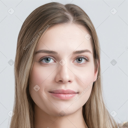 Neutral white young-adult female with long  brown hair and grey eyes