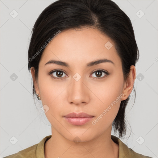 Neutral white young-adult female with medium  brown hair and brown eyes