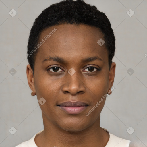 Joyful black young-adult female with short  black hair and brown eyes