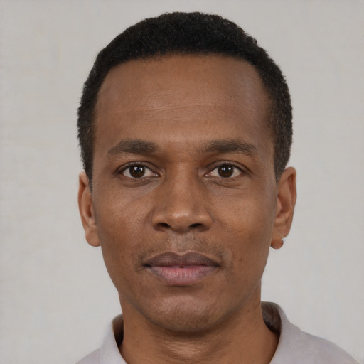 Neutral black young-adult male with short  black hair and brown eyes