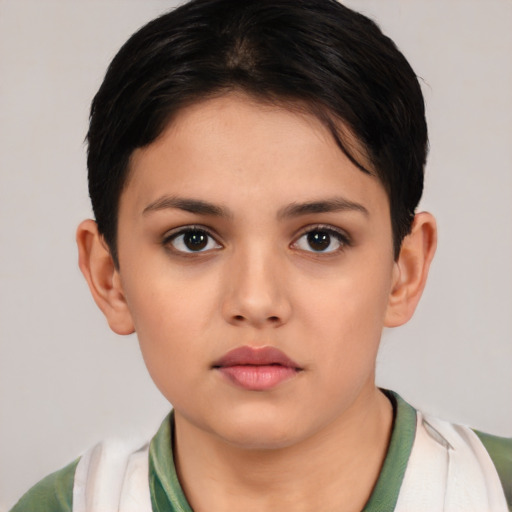Neutral white young-adult female with short  brown hair and brown eyes