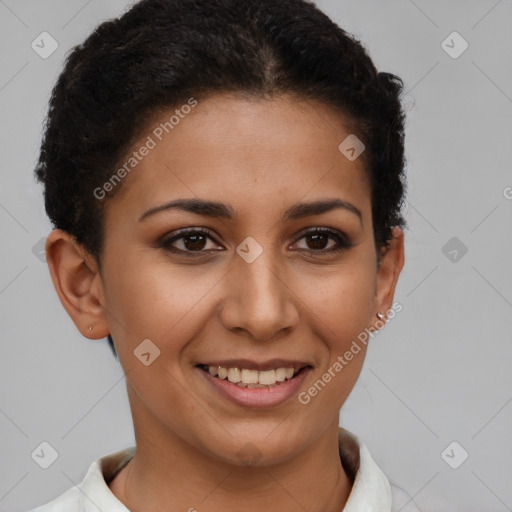 Joyful latino young-adult female with short  brown hair and brown eyes